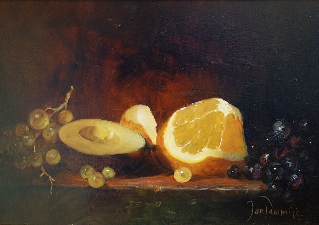 Natüürmort kooritud apelsiniga, Jan Tammik E-kunstisalongis