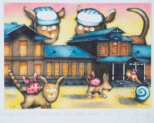 T�hjade peade ja t�is kottidega pool k�mme Tartu Vaksalis , Navitrolla E-kunstisalongis