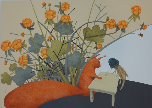 S�nnip�ev t�hja laua taga ainult �he k�lalisega (illustratsioon raamatust ''Kuidas kilk terveks sai''), Regina Lukk-Toompere E-kunstisalongis