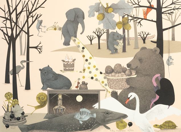 Pidu metsas (illustratsioon raamatust 'Kuidas kilk terveks sai') , Regina Lukk-Toompere E-kunstisalongis