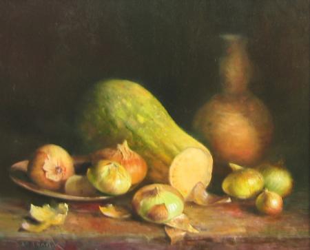 Nat��rmort sibulate ja pooliku k�rvitsaga, Jan Tammik E-kunstisalongis