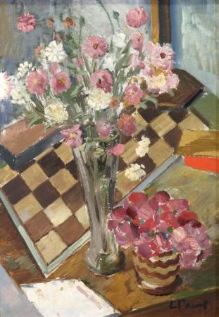 Natrmort lillede ja malelauaga, Louis Pavel E-kunstisalongis