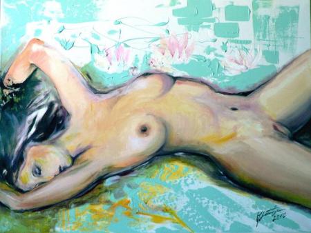 Akt vesiroosidega, Merike Läte E-kunstisalongis