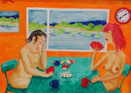 Paadunud nudistipaarike mängib riidessepanemise peale kaarte, Jaanus Nessler E-kunstisalongis